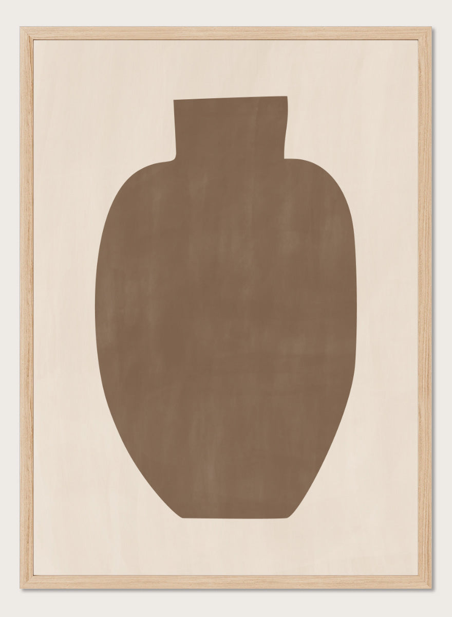 Shop Earthy Abstract Vase by Elena Ristova, a modern minimalist wall art print poster featuring an oversized brown vase silhouette on a soft cream background.