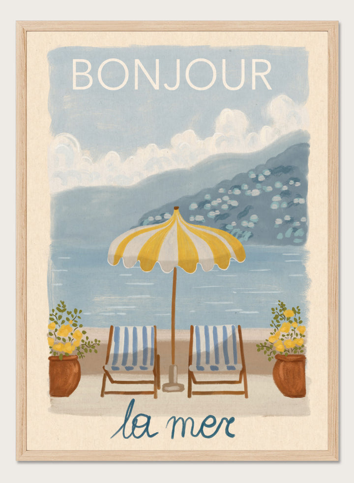 A vintage-style illustrated poster or print showing a beach scene with two striped lounge chairs under a yellow-and-white umbrella, potted plants, blue water, and mountains in the background. The words &