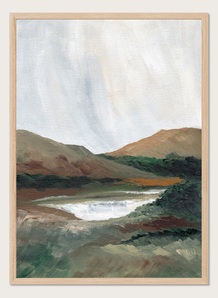 An impressionistic landscape painting of a river or waterfall flowing through a valley, with brown and green hills under a pale sky. Shop Serene Mountain Lake by Nikita Jariwala, a mountain landscape wall art print poster featuring a peaceful lake, wooded hills, and soft green tones.