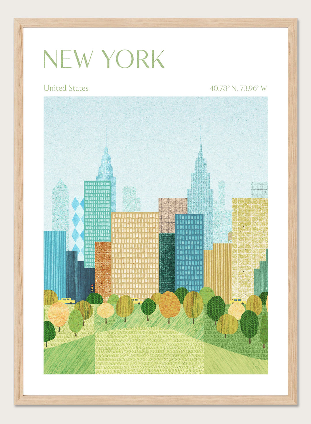 Illustration of a city skyline with trees in the foreground, labeled 'New York'. New York City Park by Longwayhome is a minimalist cityscape art print featuring the New York skyline, green park scenery, and modern travel inspired design.