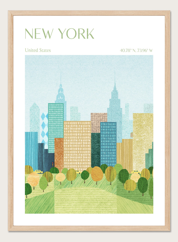 Illustration of a city skyline with trees in the foreground, labeled 'New York'. New York City Park by Longwayhome is a minimalist cityscape art print featuring the New York skyline, green park scenery, and modern travel inspired design.