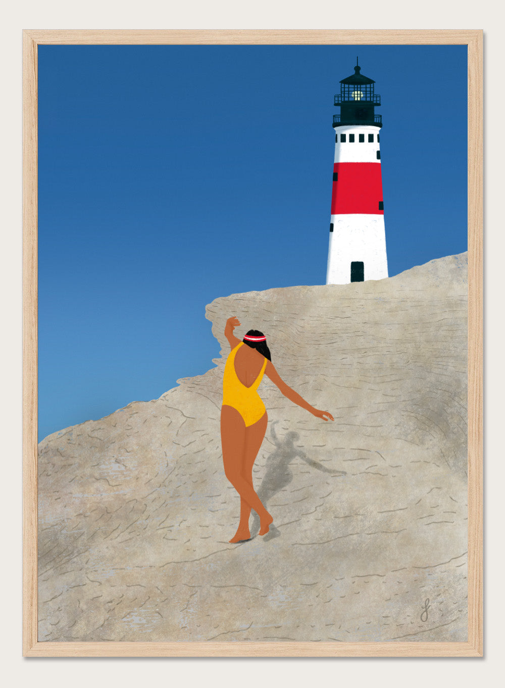 Woman in a yellow swimsuit standing on a rocky outcrop with a lighthouse in the background. My Beach by Jota de Jai is a modern coastal wall art print featuring a woman in a yellow swimsuit and a lighthouse. Officially licensed fine art poster with optional wood frame.
