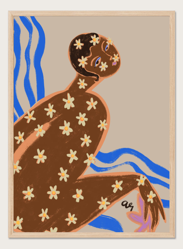 Artistic illustration of a person with floral patterns on a beige background. Blooming Daisy by Arty Guava is a modern woman floral art print with daisies and bold blue lines. Officially licensed contemporary wall poster.
