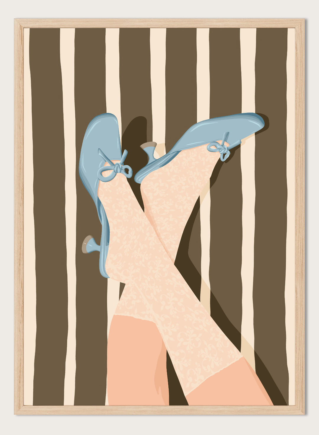 A stylized illustration of crossed legs wearing beige patterned socks and light blue kitten-heel flats with bow details, set against a brown and cream striped background. Whimsical Blue Heels by Lisa Solomoniuk premium framed fine art print featuring pale blue heels, patterned tights, and bold brown stripes.