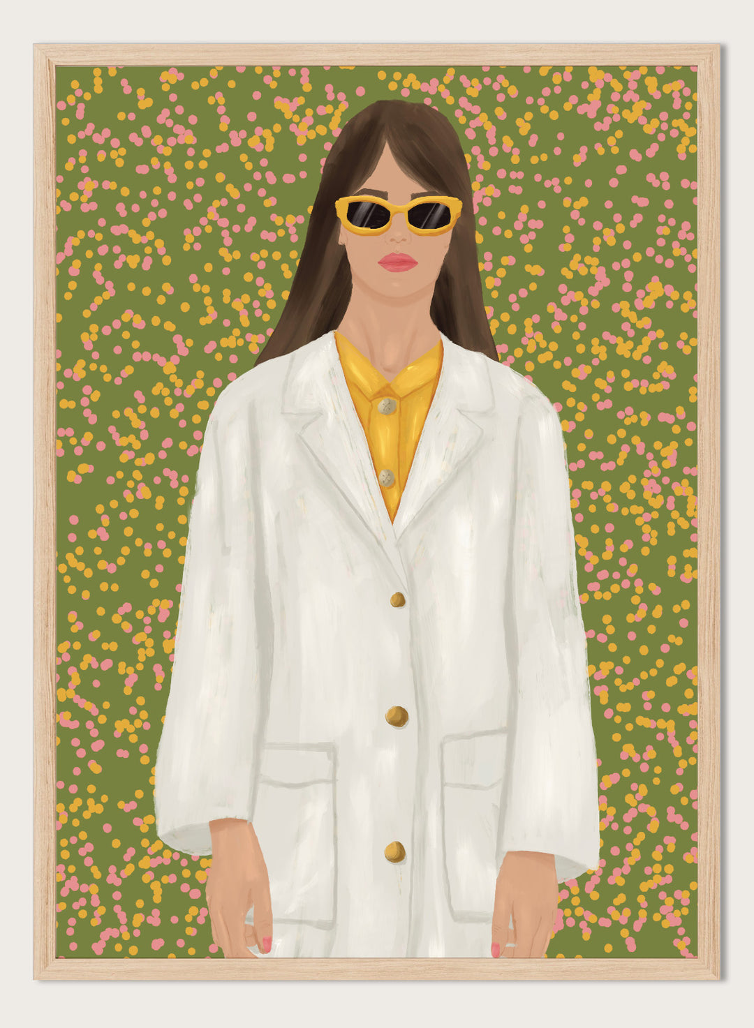 A stylized portrait of a woman wearing a white coat over a yellow top and yellow sunglasses, set against a green background filled with small pink and yellow dots. Chic Woman in Sunglasses by Lisa Solomoniuk premium framed fine art print featuring a woman in an oversized white coat and yellow sunglasses.