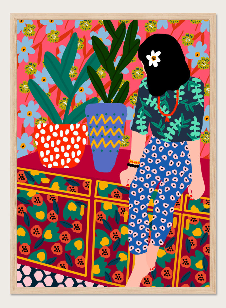 The Patterned Room by Rafaela Mascaro fine art print featuring bold botanical interior, modern woman illustration, and colorful contemporary wall art poster.
