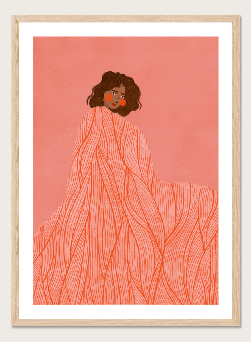 An art print featuring an illustration of a woman with dark curly hair wrapped in a flowing coral-orange patterned dress against a solid pink background. Coral Woman Dreaming by Bea Müller portrait art print featuring a woman wrapped in a flowing coral dress with fine red lines and modern graphic detail.