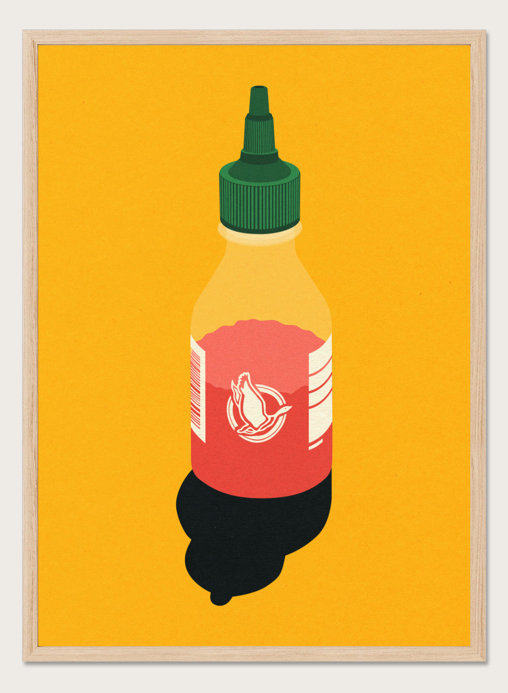 Chilli sauce bottle illustration on a yellow background. Chilli Sauce by Rosi Feist is a bold kitchen art print featuring a hot sauce bottle in modern graphic style. Contemporary food poster wall art.