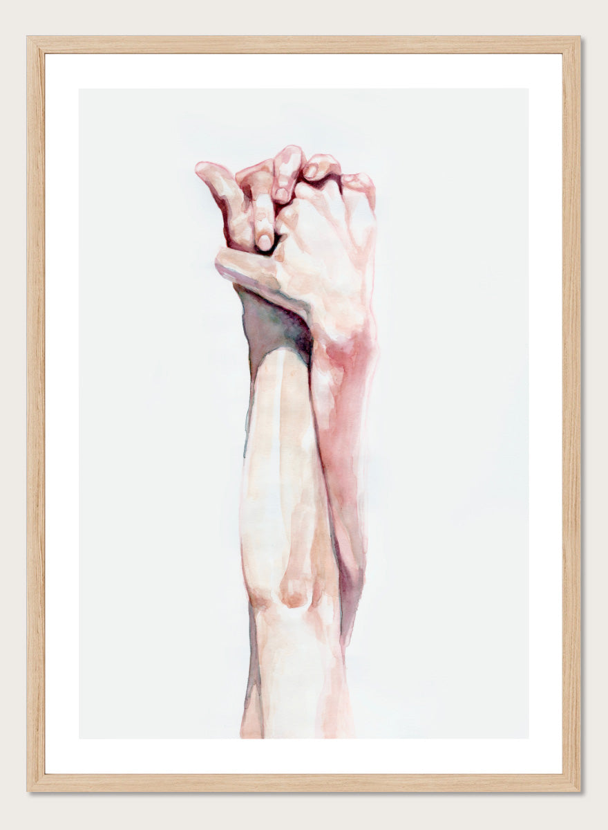 Shop Tender Hand Embrace by Sophia Novosel, a soft figurative wall art print poster featuring two hands intertwined in pink, peach, and cream watercolor tones.
