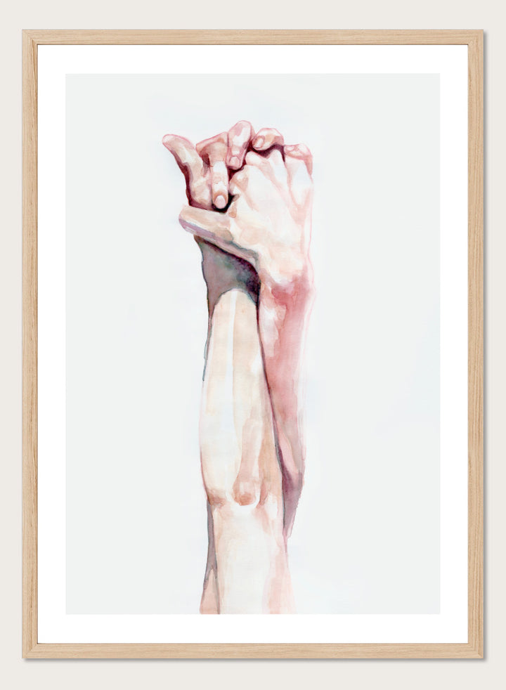 Shop Tender Hand Embrace by Sophia Novosel, a soft figurative wall art print poster featuring two hands intertwined in pink, peach, and cream watercolor tones.