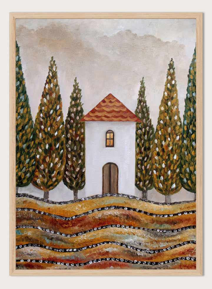 A stylized landscape painting of a small white house with a red-orange tiled roof, surrounded by tall green and gold trees, with wavy golden fields in the foreground. Shop Tuscan Cypress House by Angeles M. Pomata, an autumn landscape art print featuring a white country house, tall cypress trees, terracotta roof, and warm earthy tones.