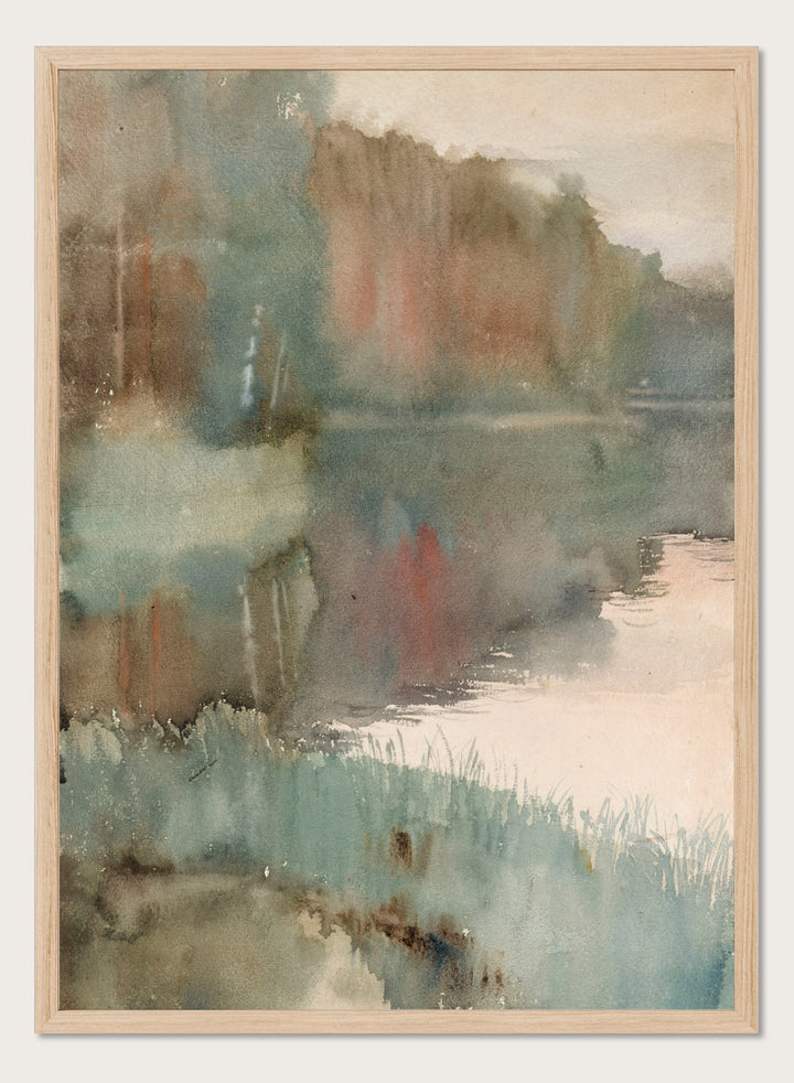 Shop Seashore at Haikko in Autumn by Albert Edelfelt, a vintage Finnish landscape wall art print poster featuring a misty autumn shoreline in green tones.