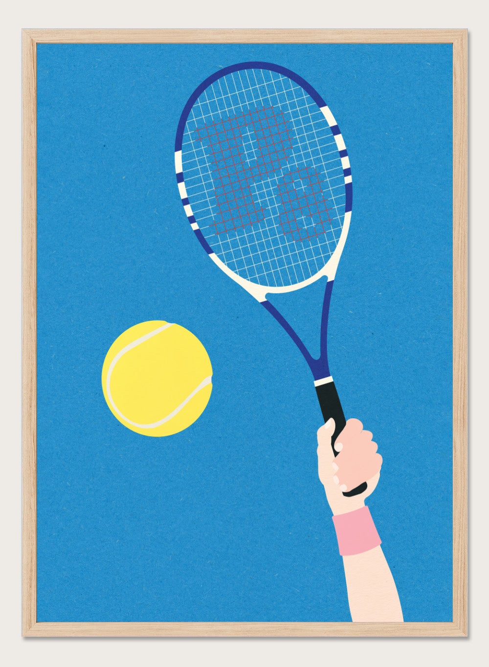 Tennis racket and ball on a blue background. Perfect Serve by Rosi Feist is a modern minimalist tennis art print featuring bold graphic color, clean lines, and Bauhaus-inspired design. Officially licensed fine art poster with framing.