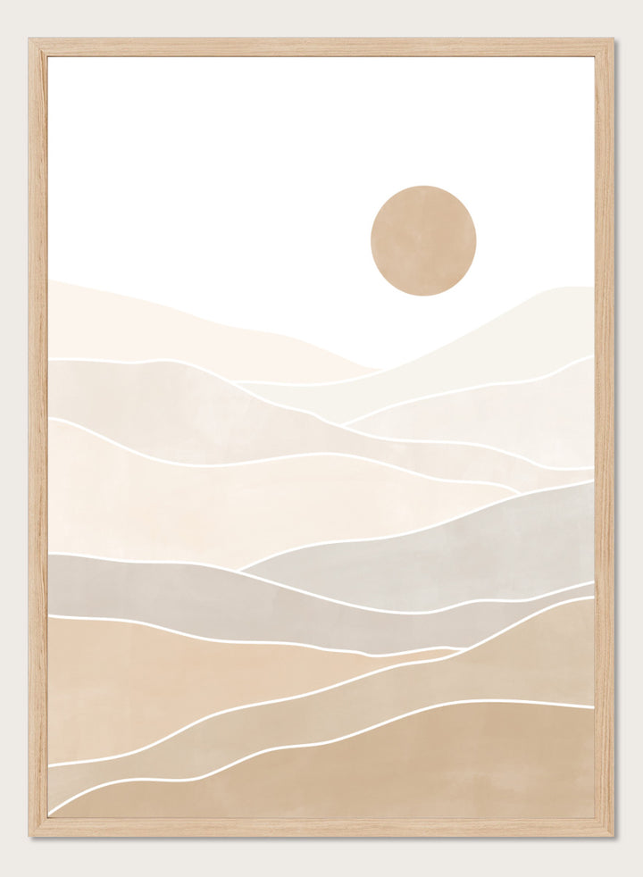 Shop Layered Desert Sun by Elena Ristova, a modern desert wall art print poster featuring soft layered dunes, pale neutral tones, and a muted sun.