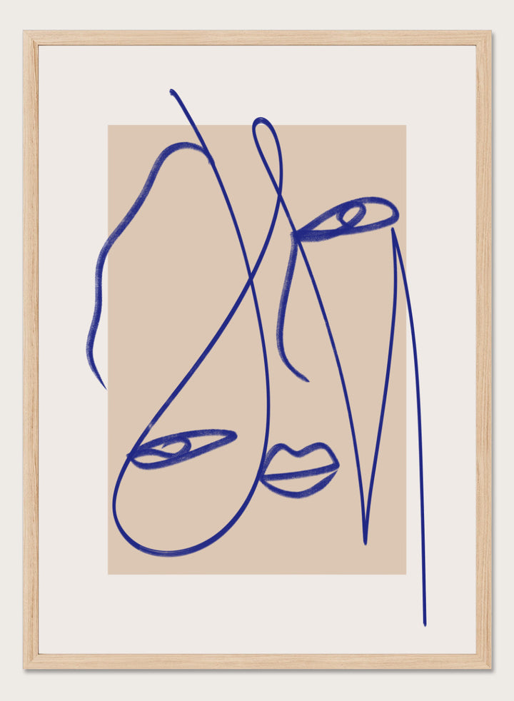 Abstract Blue Line Art print by Little Dean. Modern minimalist face illustration in bold blue linework, contemporary wall art poster.