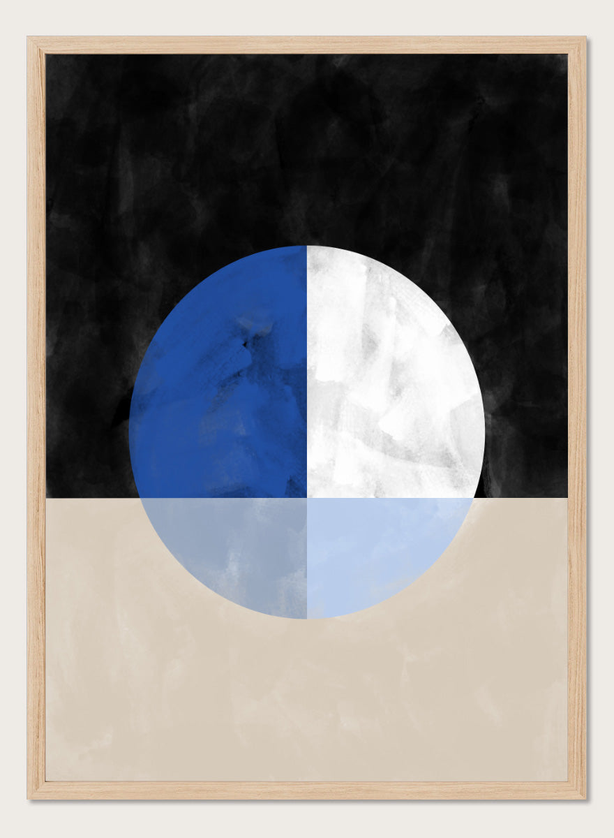Shop Abstract Geometric Reflection by Elena Ristova, a modern abstract wall art print poster featuring a blue-and-white circle, mirrored forms, and bold black and cream.