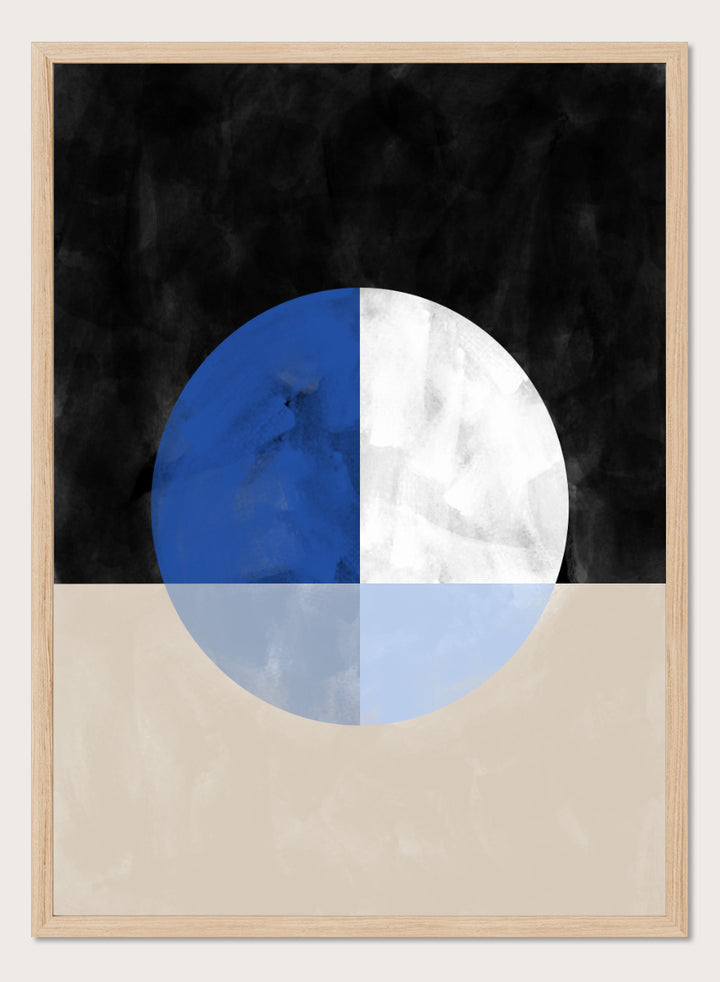 Shop Abstract Geometric Reflection by Elena Ristova, a modern abstract wall art print poster featuring a blue-and-white circle, mirrored forms, and bold black and cream.