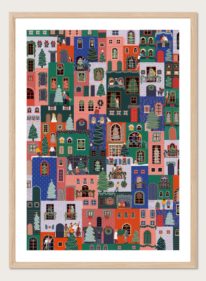 Shop Festive Christmas Town by Ceyda Alasar, a colorful Christmas wall art print poster featuring a lively holiday town filled with decorated homes and festive scenes.
