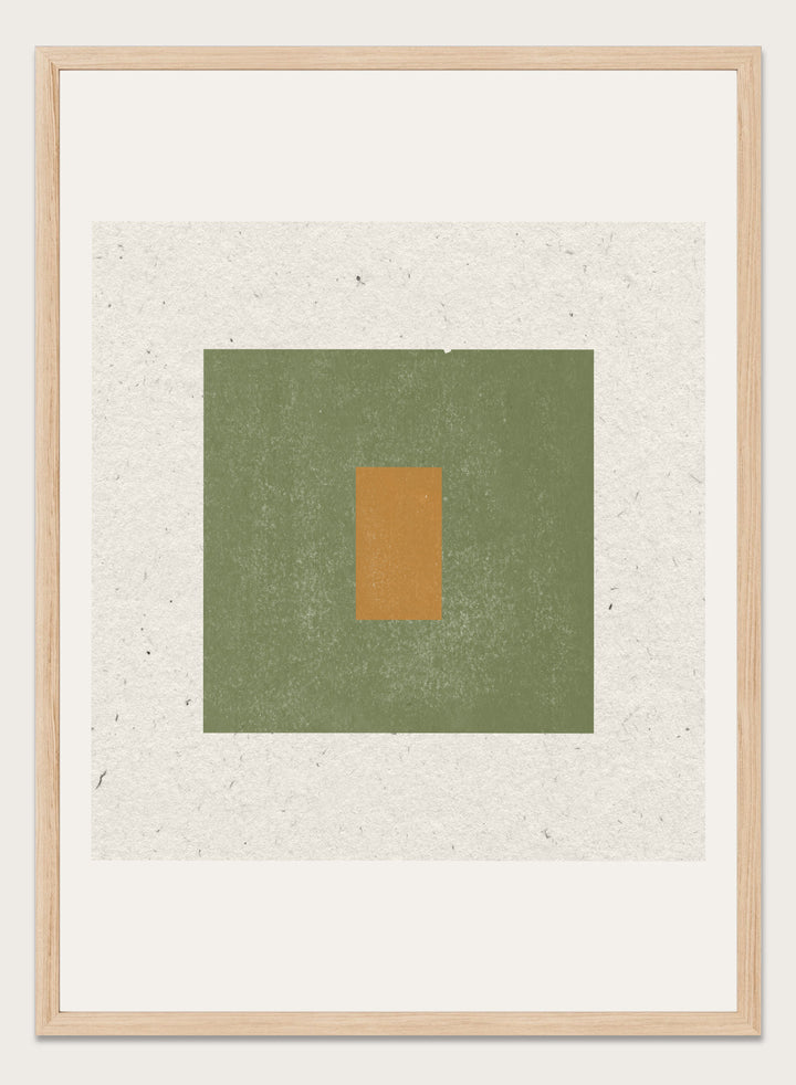 Abstract art with a green square and a smaller brown rectangle on a textured beige background. Minimalist Harmony by The MIUUS Studio is a minimalist abstract art print and wall poster featuring geometric shapes, neutral tones, and modern textured design.
