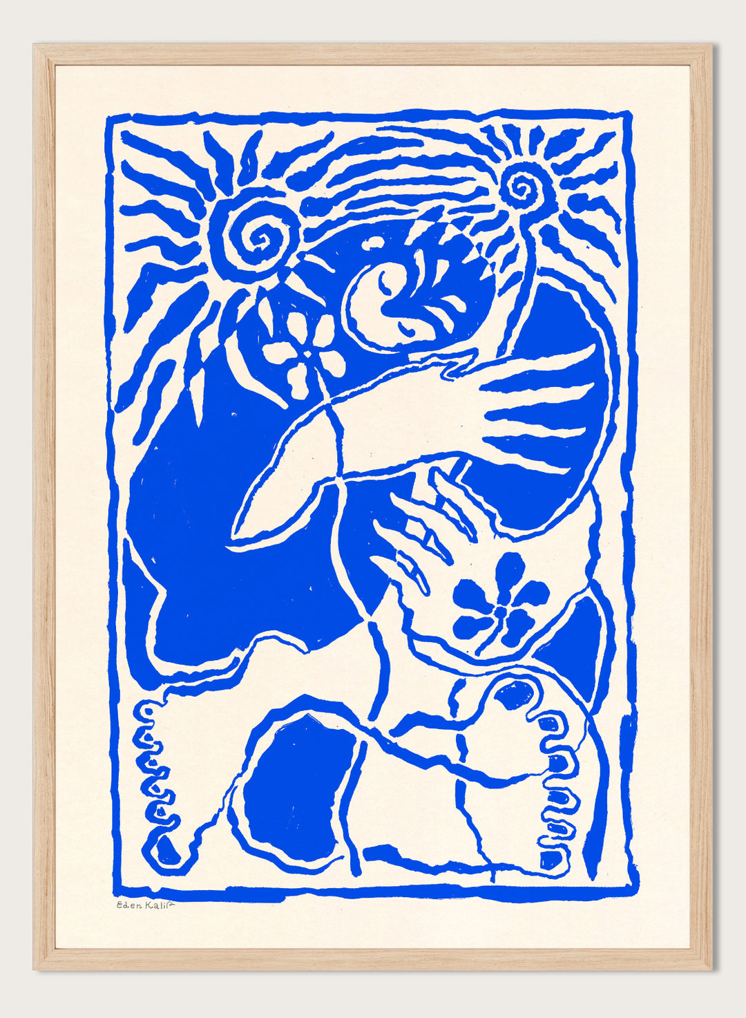 Blue and white abstract design with a central figure and sun-like elements on a beige background. Protection Blue by Eden Kalif is a modern figurative art print in bold blue, a contemporary minimalist wall poster with symbolic forms and expressive line work.
