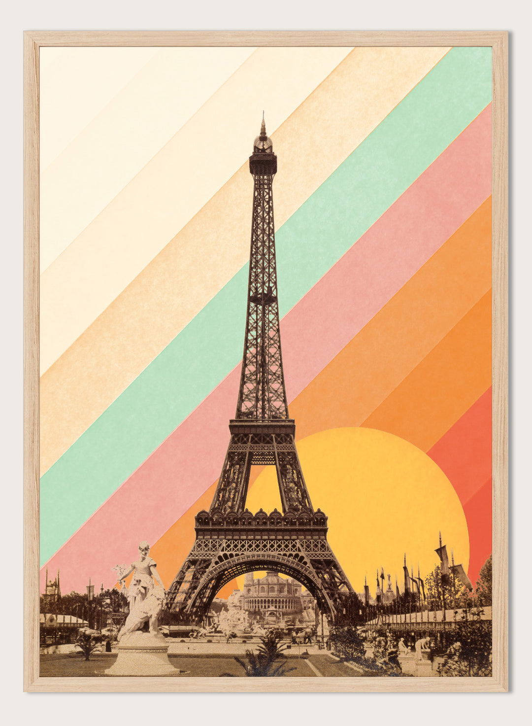 Eiffel Tower with a colorful geometric background. Eiffel Tower Retro Sunset by Florent Bodart is a Paris art print with vintage photo and colorful sunset stripes, a modern retro wall poster with bold graphic design.