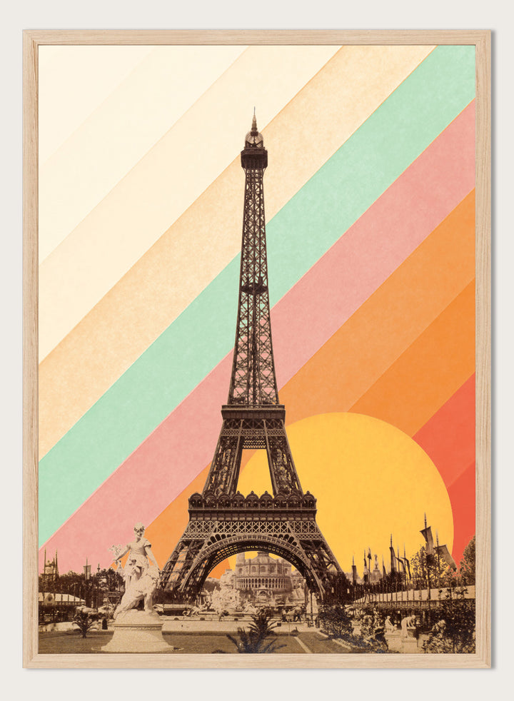 Eiffel Tower with a colorful geometric background. Eiffel Tower Retro Sunset by Florent Bodart is a Paris art print with vintage photo and colorful sunset stripes, a modern retro wall poster with bold graphic design.