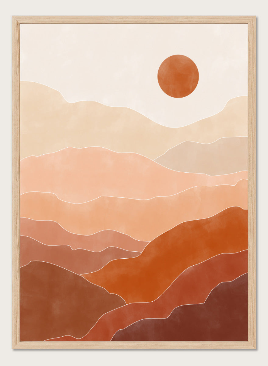 Shop Warm Desert Layers by Elena Ristova, a modern desert wall art print poster featuring layered hills, a terracotta sun, and warm peach, rust, and brown tones.