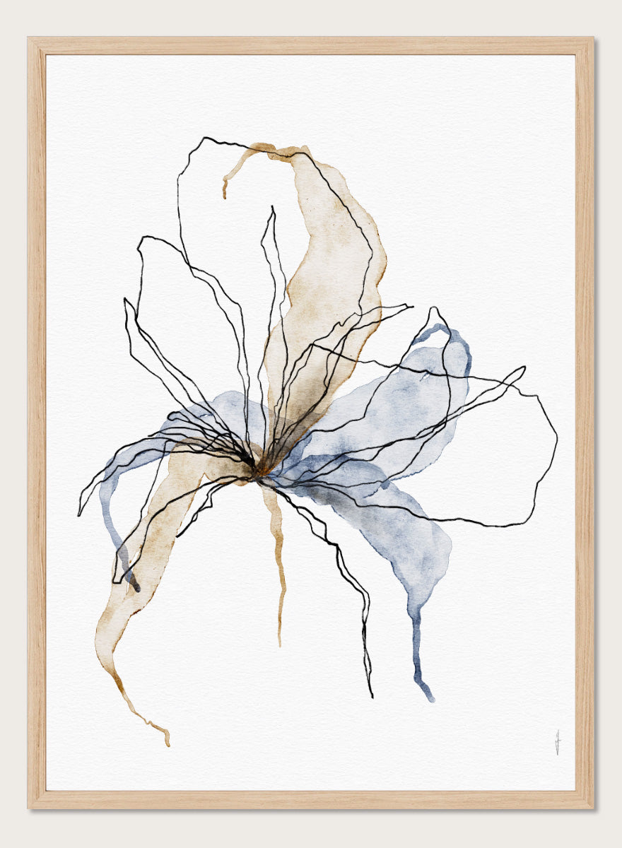 Shop Delicate Blush Botanicals by Ankie Kooi, an abstract floral wall art print poster with watercolor flower art, botanical linework, blue, brown, and cream.