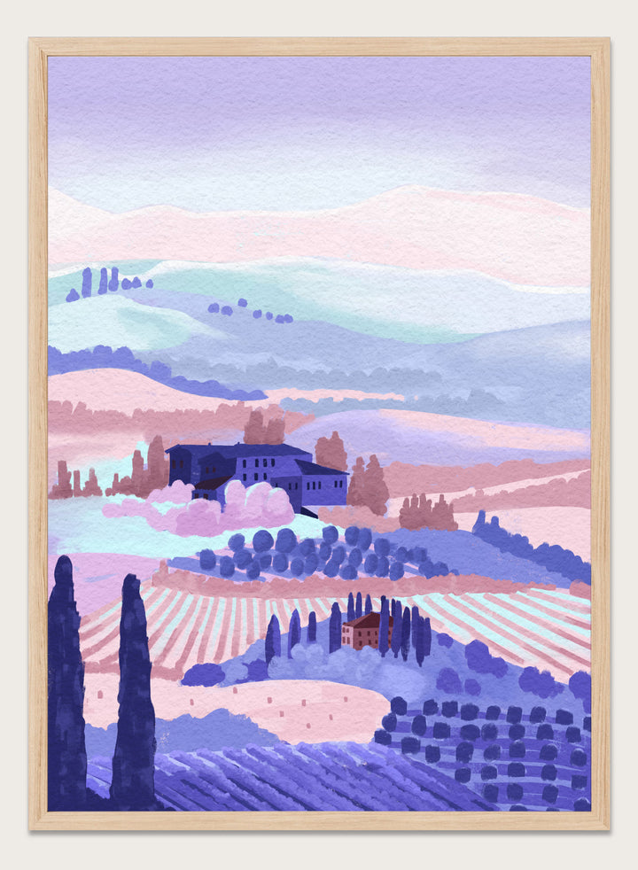 Painting of a landscape with rolling hills, buildings, and cypress trees in pastel colors. Tuscany by Goed Blauw is a landscape art print and wall poster featuring rolling hills, fields, and countryside homes in soft pastel tones.
