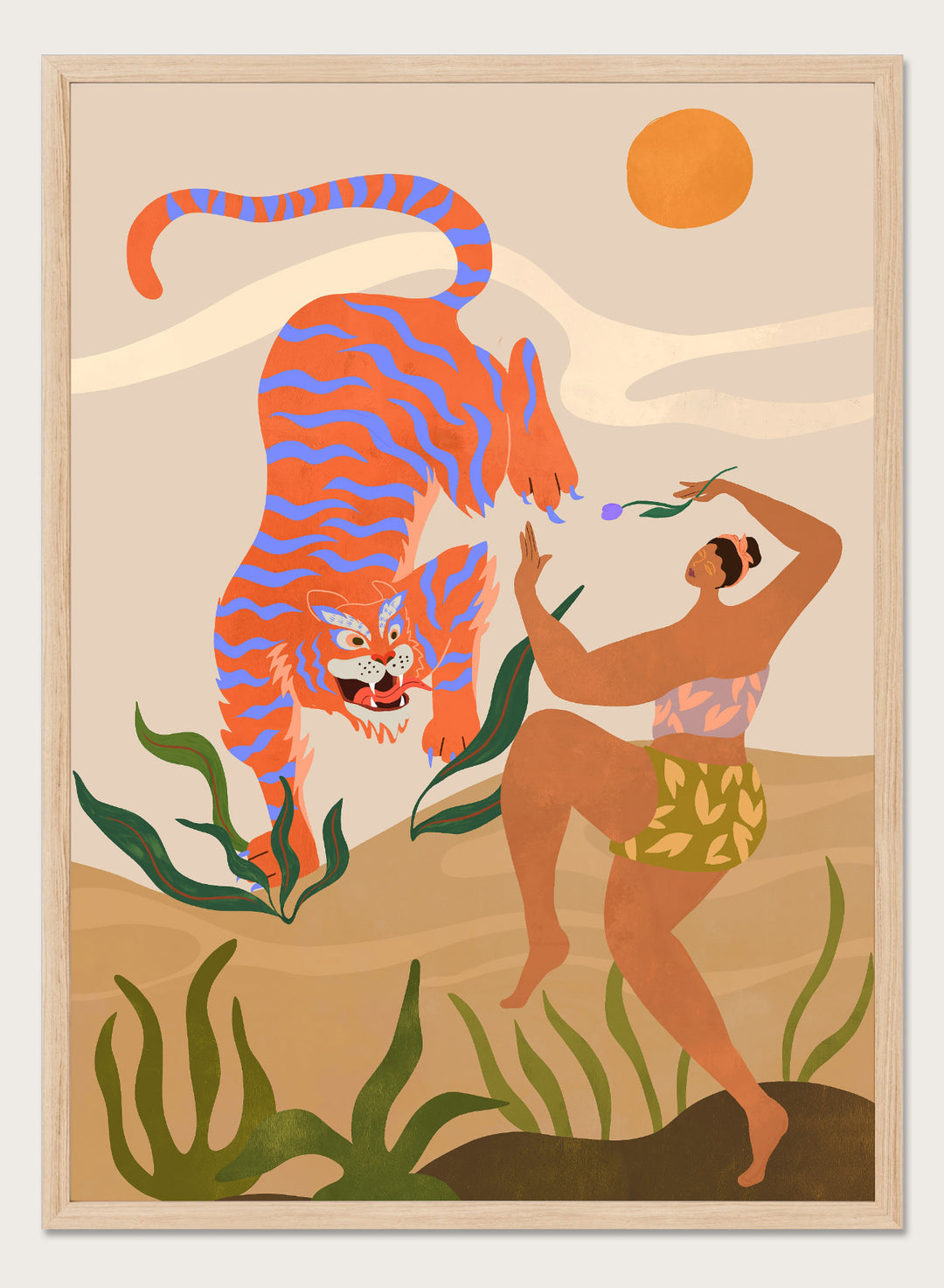 Illustration of a tiger and a person in a natural setting with plants and a sun. Dance with Me by Arty Guava is a colorful contemporary art print featuring a dancing woman, playful tiger, tropical motifs, and whimsical modern illustration.