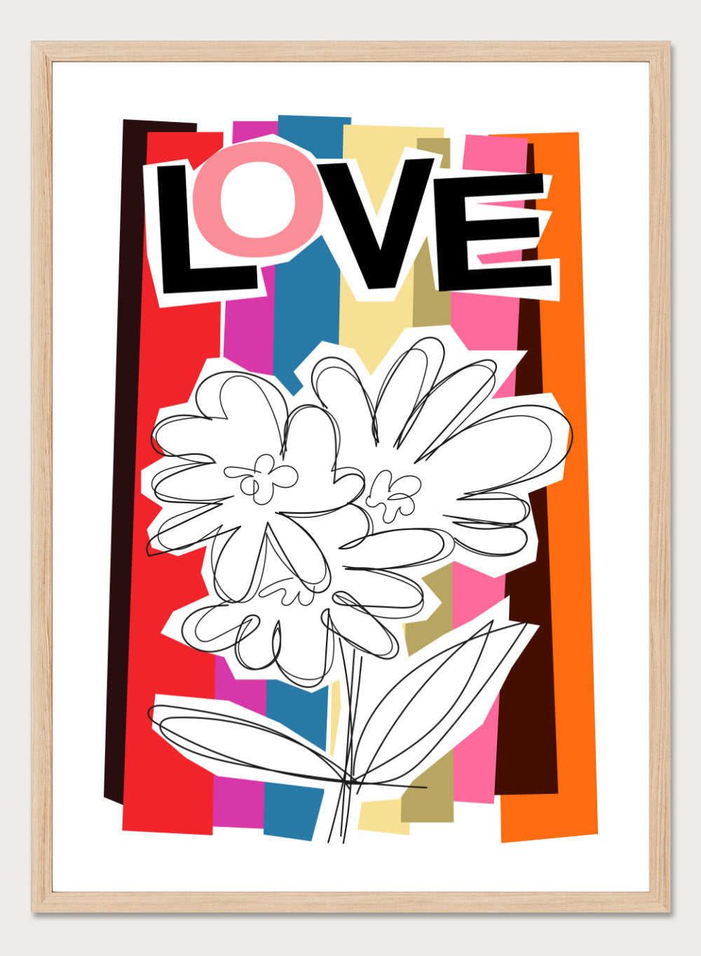 Colorful abstract design with flowers and the word 'LOVE' on a striped background. Scribble Flower by Frances Collett art print featuring a hand-drawn flower over bold colorful stripes with the word LOVE. Officially licensed wall poster with framing option.