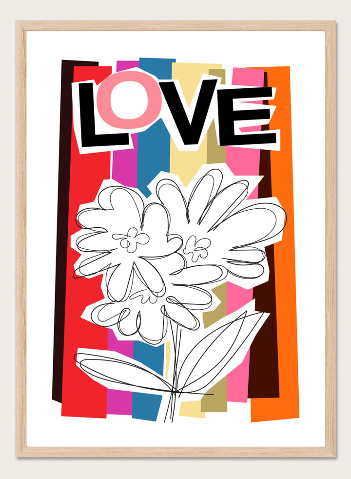 Colorful abstract design with flowers and the word 'LOVE' on a striped background. Scribble Flower by Frances Collett art print featuring a hand-drawn flower over bold colorful stripes with the word LOVE. Officially licensed wall poster with framing option.