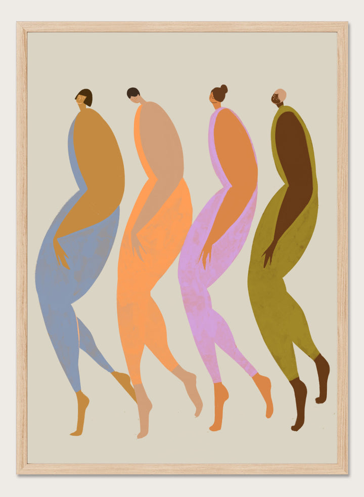 Abstract illustration of four stylized figures in various colors on a beige background. We The Giants by Arty Guava is a modern art print of four bold figures walking together, celebrating strength and sisterhood. Officially licensed wall poster.