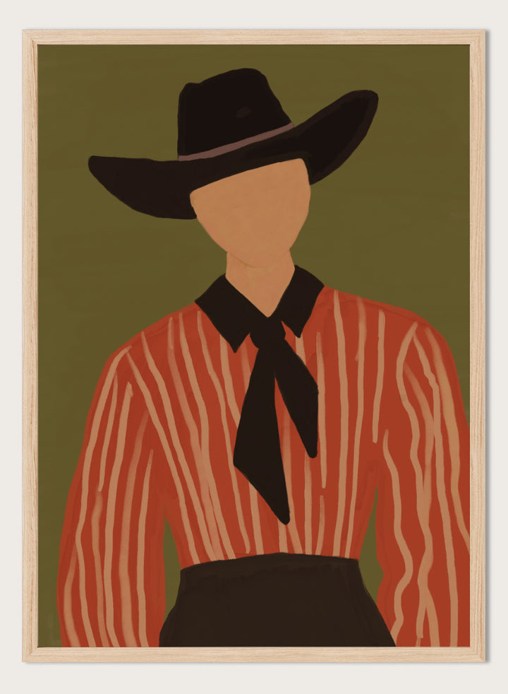 A stylized Western portrait painting of a person wearing a black cowboy hat, a red-orange and cream vertically striped shirt, and a black necktie against an olive green background. Modern Western Portrait by The Art Concept art print featuring a cowboy hat, striped rust shirt, neck scarf, and warm olive tones.
