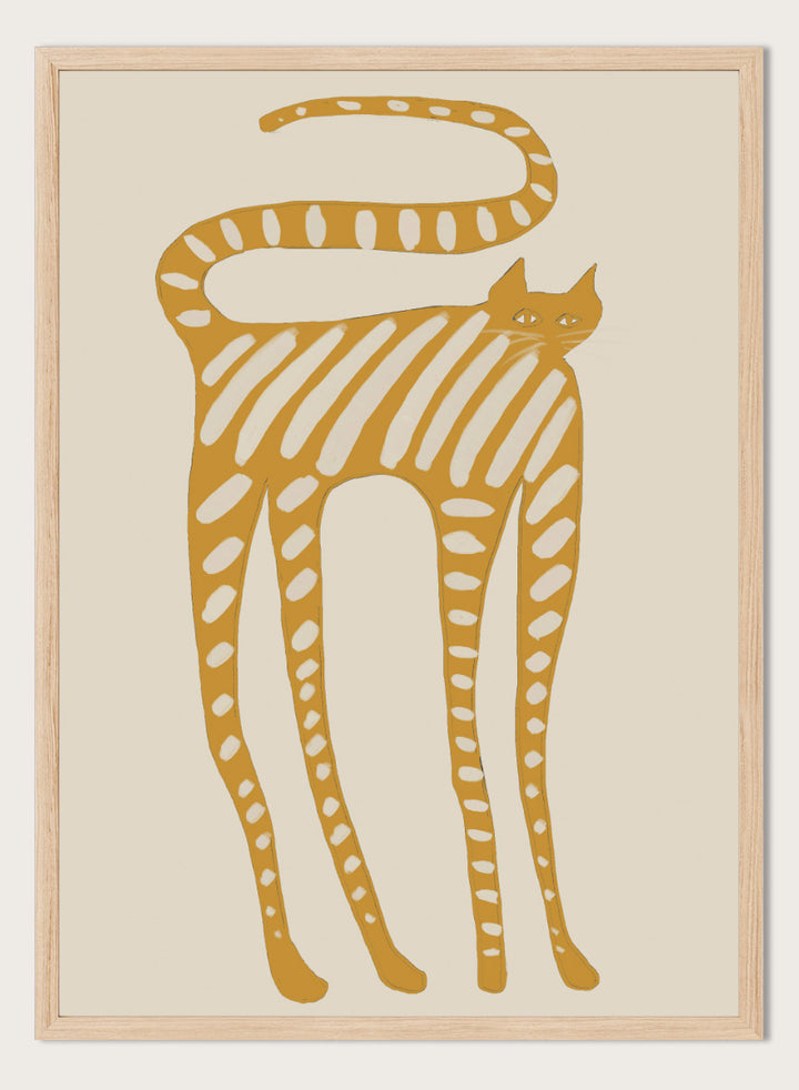 A stylized art print of a cat in a minimalist design, featuring a mustard yellow cat with white stripes and spots on a light beige background. Whimsical Striped Cat by The Art Concept cat art print featuring a mustard-yellow cat with cream stripes, long legs, and an oversized looping tail.