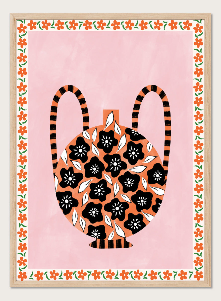 Shop Orange Floral Vase by Elena Ristova, a colorful floral wall art print poster featuring black flowers, striped handles, pink, orange, green, and folk-inspired details.