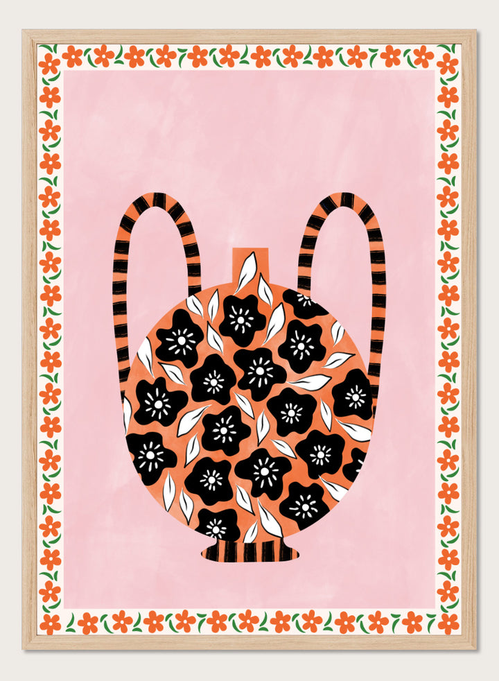 Shop Orange Floral Vase by Elena Ristova, a colorful floral wall art print poster featuring black flowers, striped handles, pink, orange, green, and folk-inspired details.