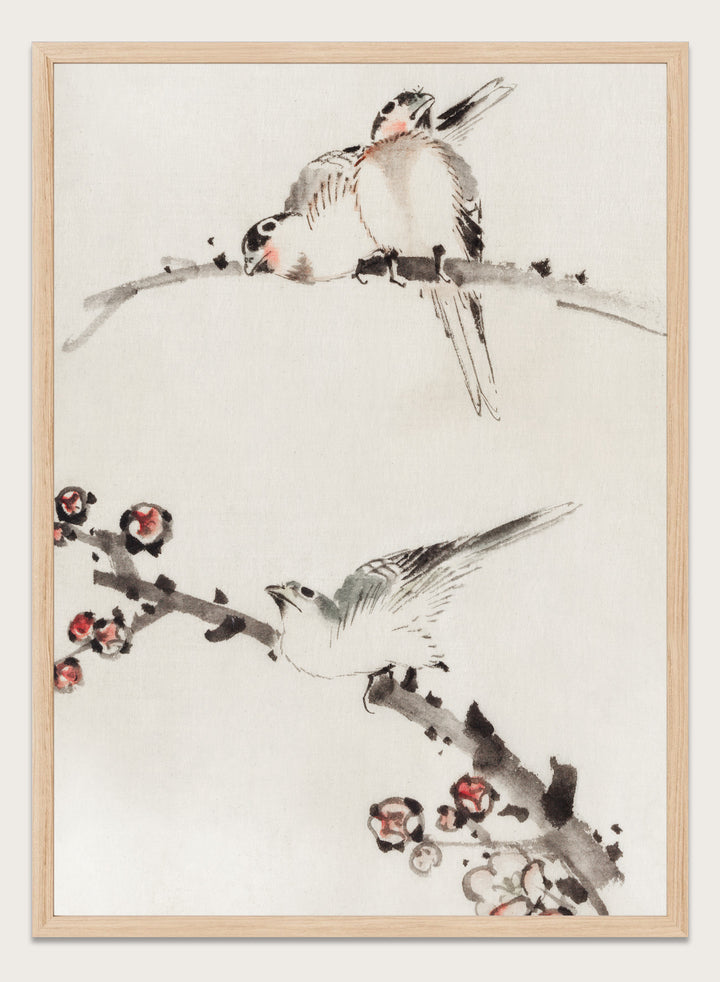 Katsushika Hokusai Three Birds Perched on Branches, One with Blossoms Art Print