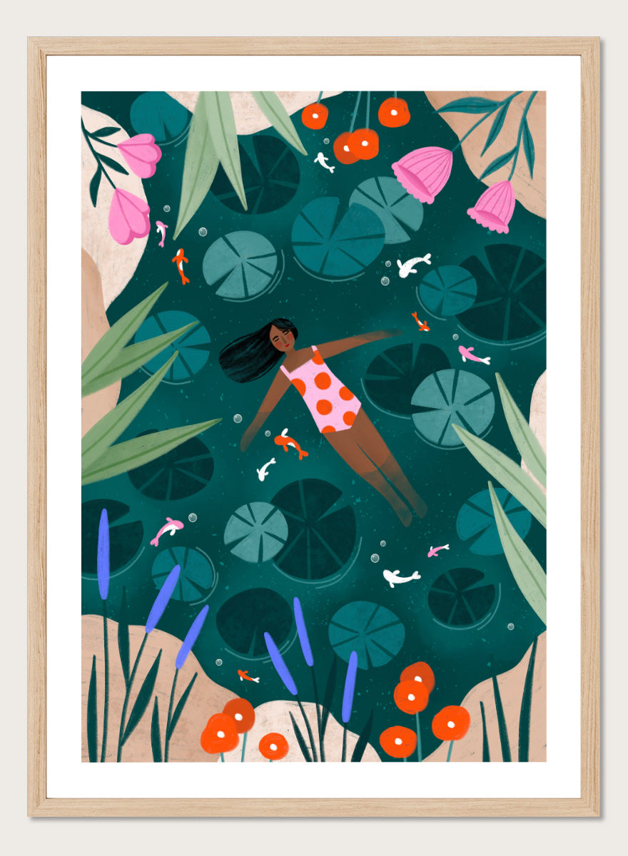 Shop Woman Floating Lily Pond by Bea Müller, a figurative wall art print poster featuring a woman floating among lily pads, flowers, and colorful fish in deep green water.