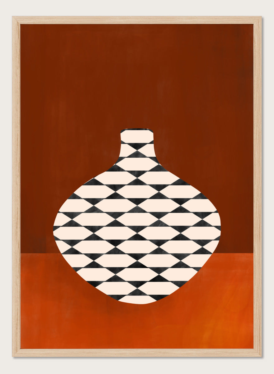 Shop Modern Geometric Vase by Elena Ristova, a modern wall art print poster featuring a black-and-cream patterned vase against a rich rust background.