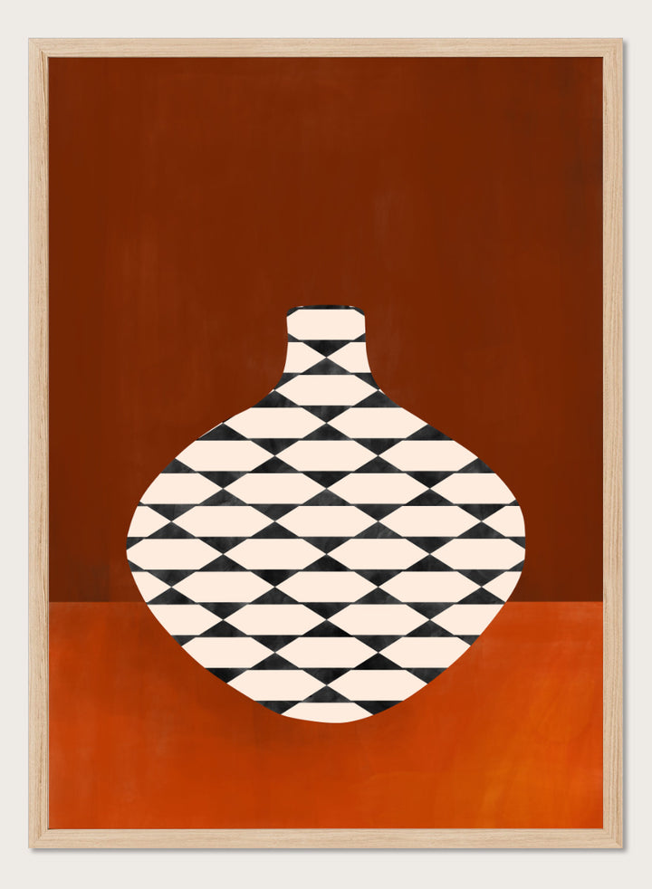 Shop Modern Geometric Vase by Elena Ristova, a modern wall art print poster featuring a black-and-cream patterned vase against a rich rust background.