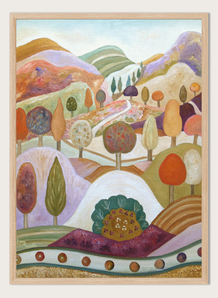 A colorful landscape painting featuring stylized hills, rolling hills, and trees in pastel and earthy tones. Shop Whimsical Autumn Landscape by Angeles M. Pomata, a colorful fall landscape art print featuring rolling hills, winding paths, and stylized autumn trees.