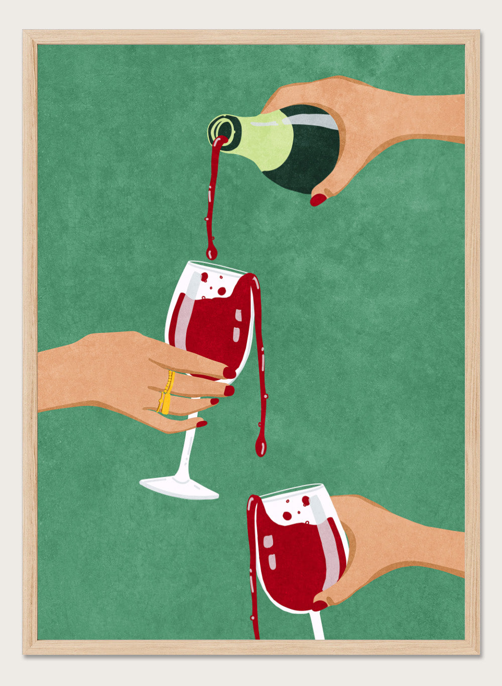 Illustration of hands pouring red wine into glasses on a green background. Cheers Girls by Raissa Oltmanns is a modern wine art print featuring bold red glasses and contemporary girl dinner party wall poster style.