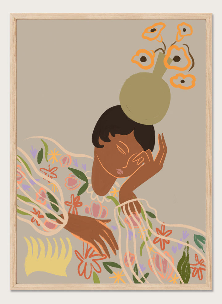 Illustration of a person with a flower on their head against a beige background. The Overthinker by Arty Guava is a modern woman illustration art print with soft florals and warm tones. Officially licensed wall poster with framing.