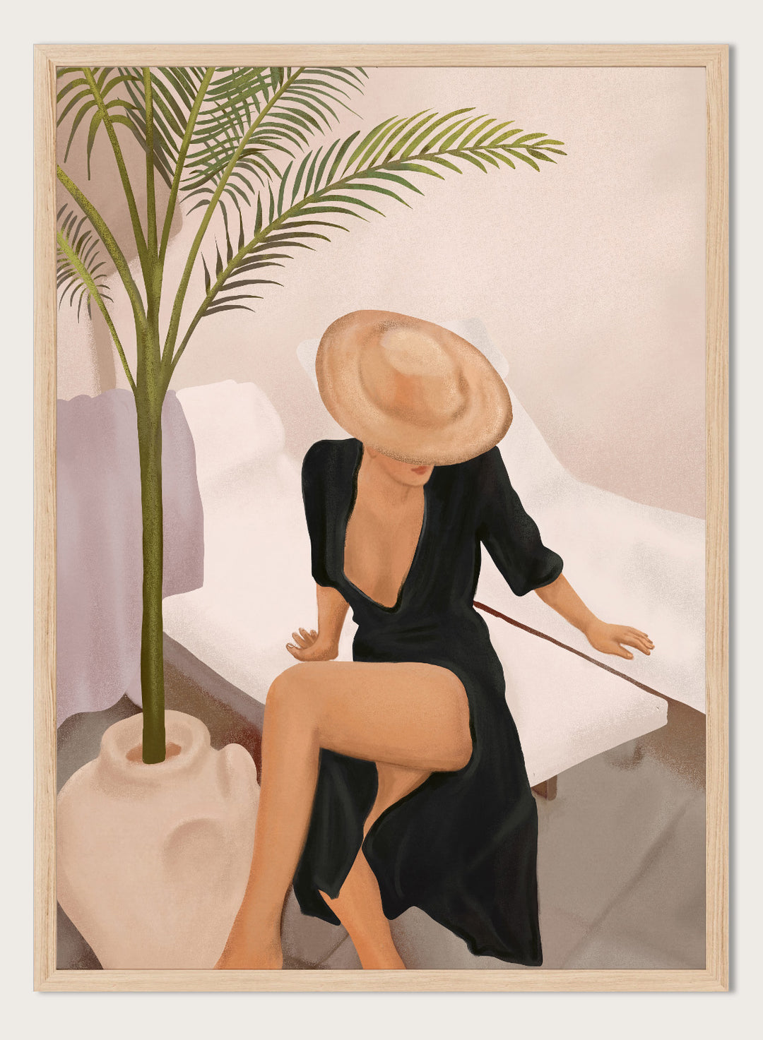Woman in a black dress and straw hat sitting on a white chair with a plant nearby. Elegant Woman Sun Hat by City Art is a modern figurative art print featuring a stylish woman, tropical greenery, warm neutrals, and relaxed summer living.