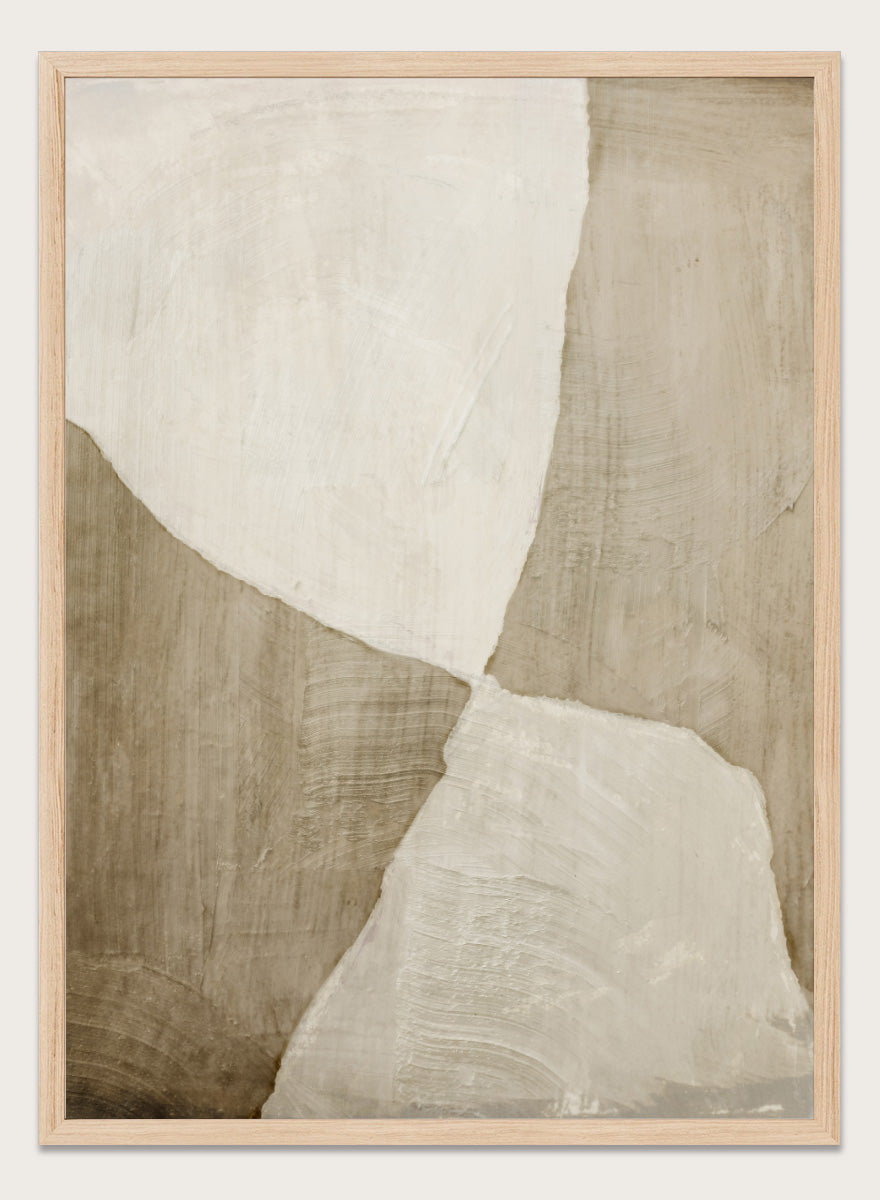 Shop Glide Abstract by Dan Hobday, a neutral abstract art print featuring soft cream and taupe forms, organic curves, and layered textured brushwork.