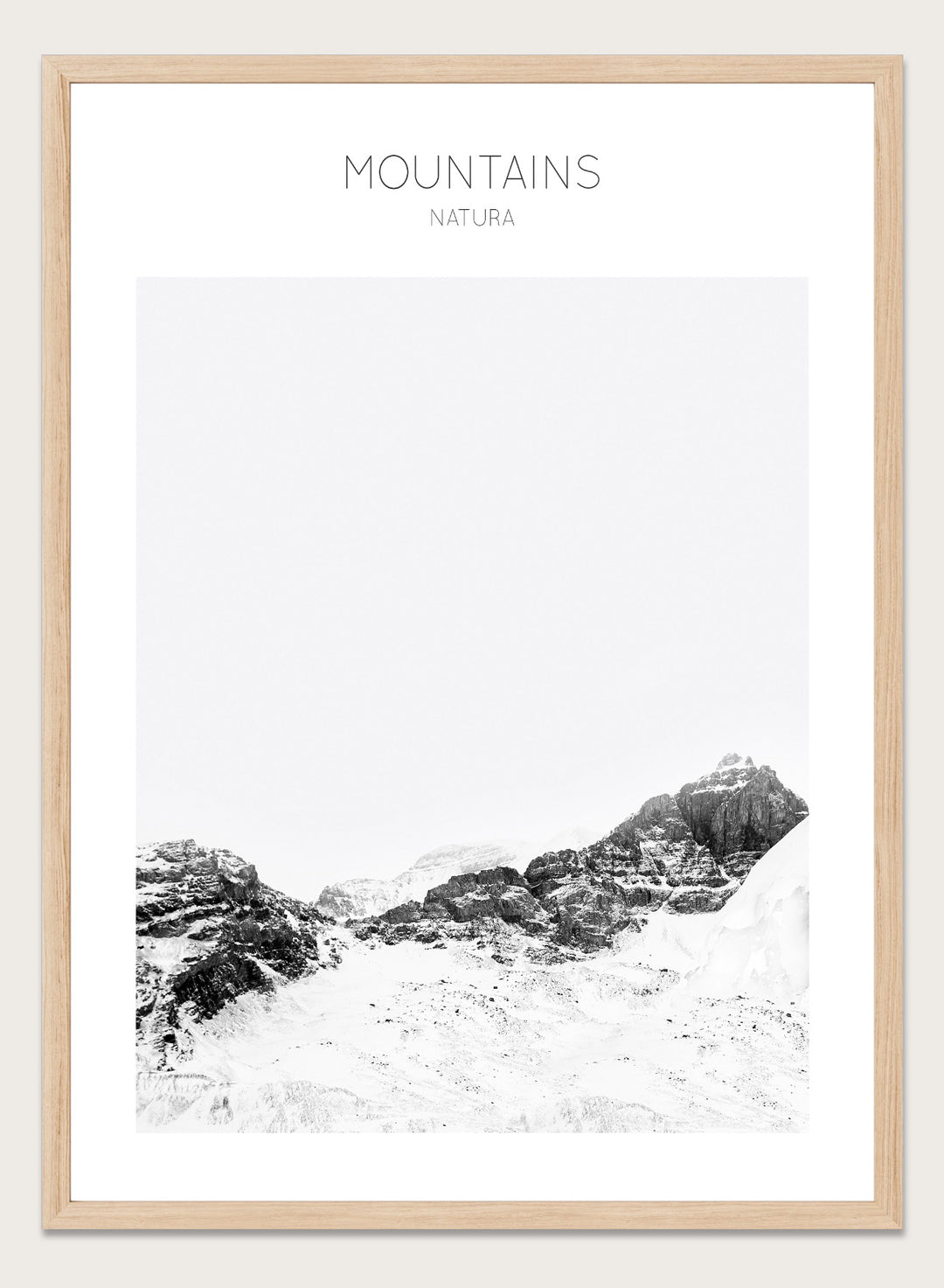 Black and white mountain landscape with 'Mountains Natura' text. Serene Peaks by The MIUUS Studio is a black and white mountain photography art print and wall poster featuring snowy peaks, minimalist composition, and modern neutral design.