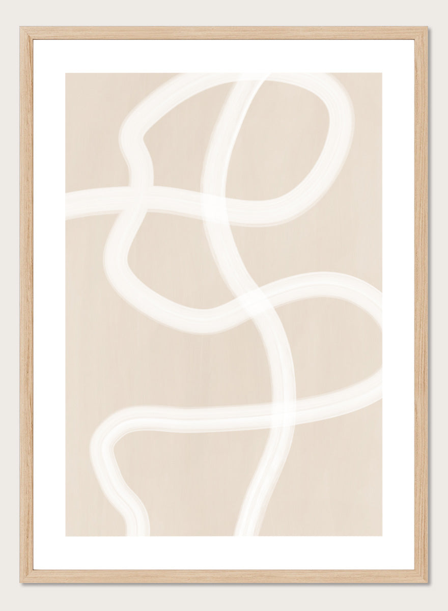 Shop Soft Abstract Flow by Elena Ristova, a neutral abstract wall art print poster featuring looping white brushstrokes on a warm beige background.