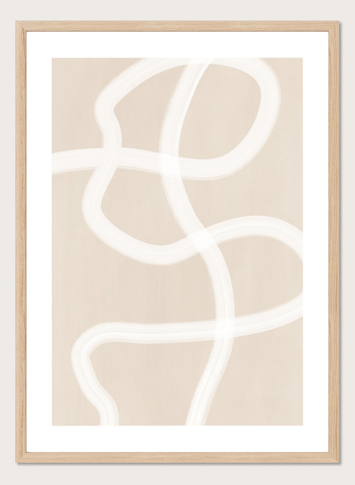 Shop Soft Abstract Flow by Elena Ristova, a neutral abstract wall art print poster featuring looping white brushstrokes on a warm beige background.