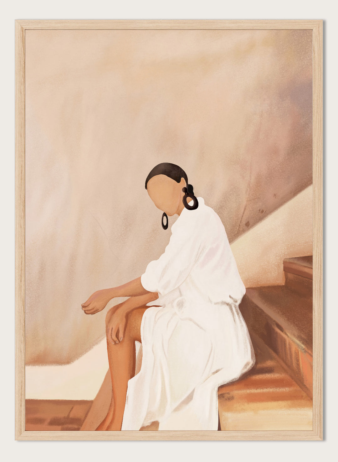 Woman in a white dress sitting on a wooden staircase with a neutral background. Modern Woman White Dress by City Art is a modern figurative art print featuring a seated woman in white, bold earrings, and warm earthy tones.
